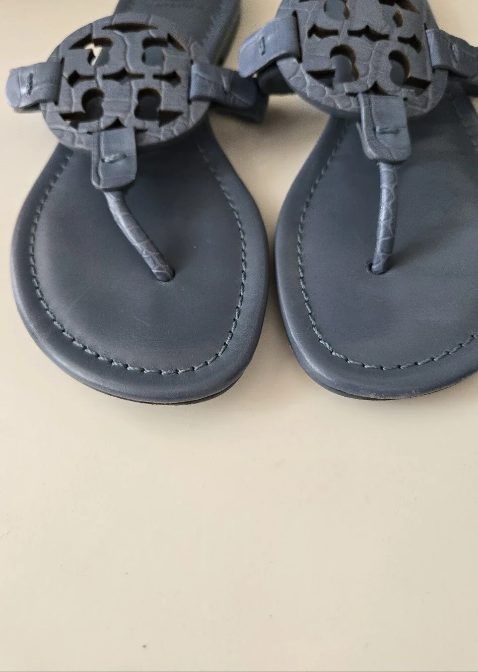 Tory Burch Croc Embossed Blue Miller Sandals